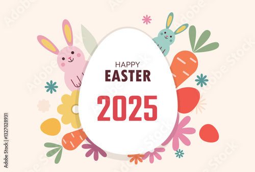 Happy Easter 20 April 2025 with cute bunny, flowers, colorful tones. Festive Easter holiday greeting card design with paper-cut effect for spring celebration