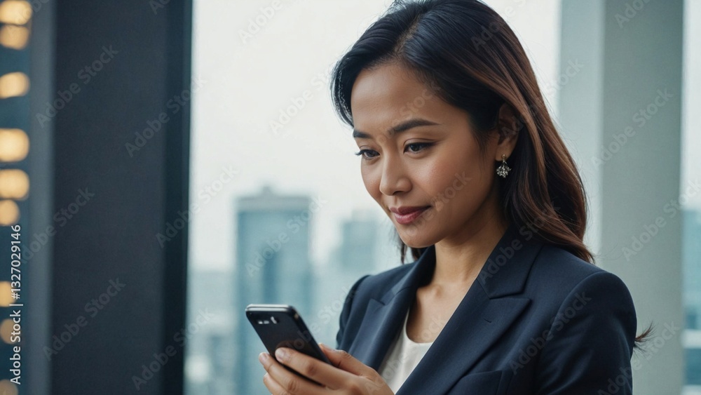 Cheerful Professional Using Smartphone for Business Communication in a Modern Office Setting with City View