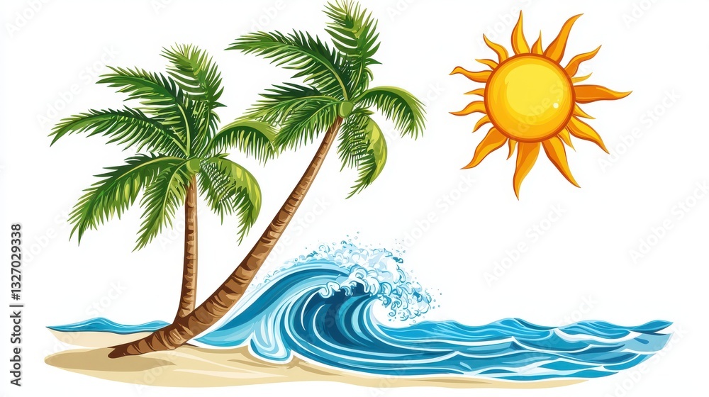 Obraz premium Isolated coconut palm tree sun and wave on white background. Vector design illustration.