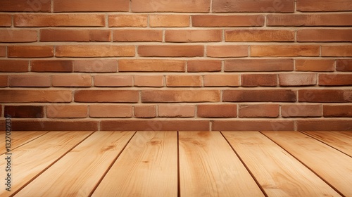 Rustic wooden floor in front of a textured brick wall, ideal for interior design backgrounds