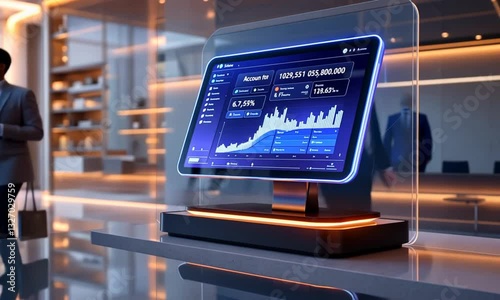 Modern business lobby, financial data display, businessmen walking, night