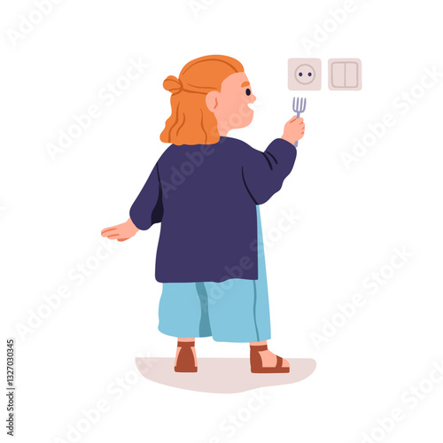Child playing with electric socket and metal fork. Danger, accident risk, haz...