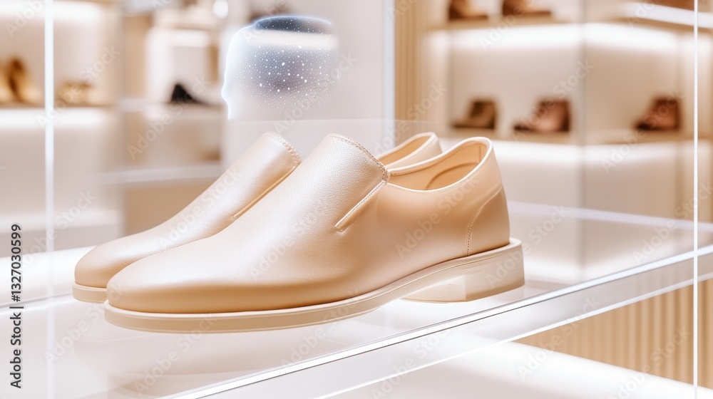 Elegant Beige Slip-On Shoes Displayed In Bright Store. Elegant Beige Slip-On Shoes Displayed In Bright Store.