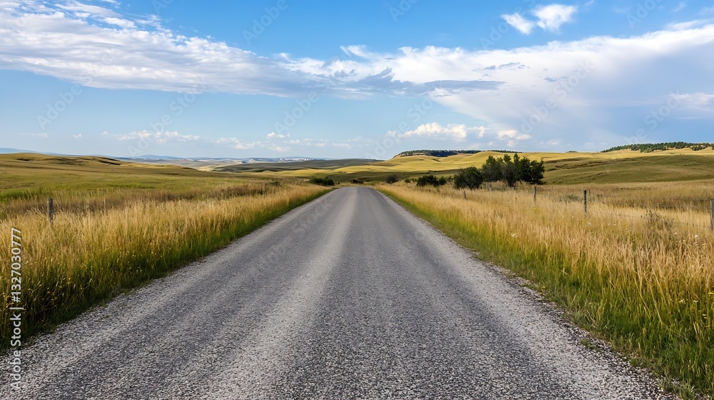 Expansive rural road stretching into distance surrounded by golden grass under bright blue sky : Generative AI Expansive rural road stretching into distance surrounded by golden grass under bright blue sky : Generative AI