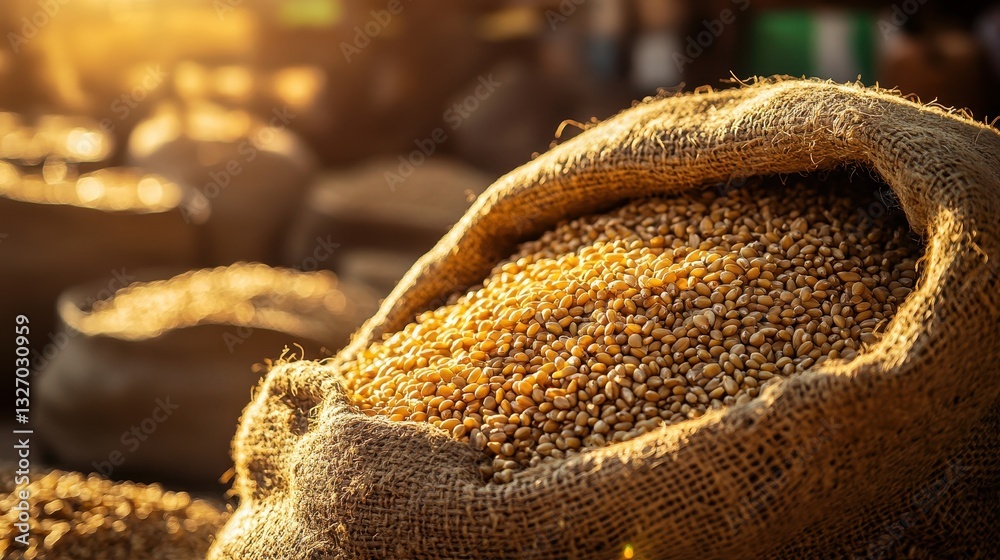 Freshly Harvested Grain in Burlap Sack at Golden Hour Lighting Freshly Harvested Grain in Burlap Sack at Golden Hour Lighting