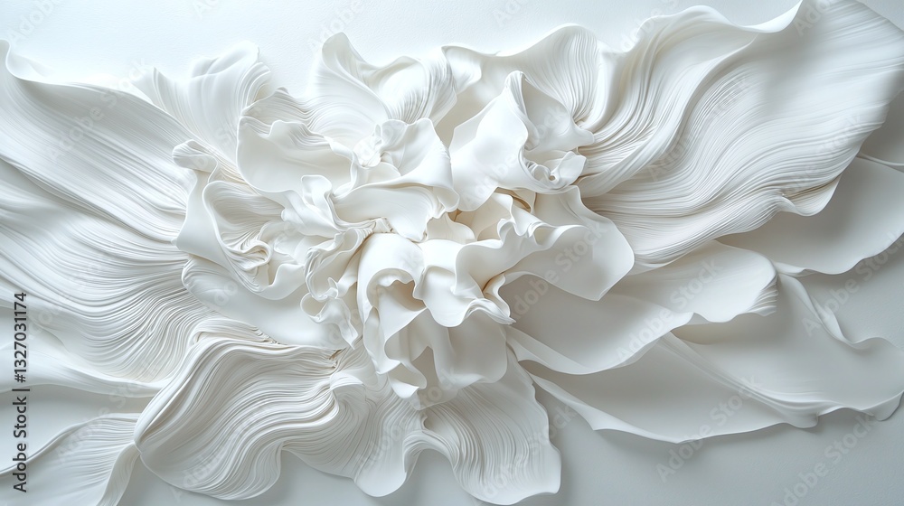 Fototapeta premium Elegant flowing fabric art piece in soft white tones creating a textured and dynamic visual composition
