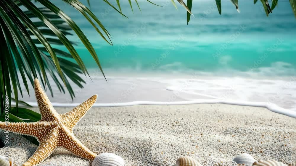 A serene beach scene with a starfish and seashells on warm sand, gentle waves on the shore, and swaying palm trees captures the delightful vibes of a relaxing summer vacation by the ocean