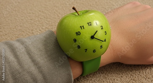 Creative Apple Watch Concept: Green Apple with Clock Face on Wrist, Healthy Time Management, Playful and Conceptual Still Life, Unique Timepiece, Fruit and Technology Fusion.