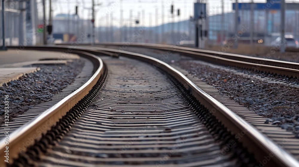 Curved railway track leading into the distance evokes a sense of journey and exploration in urban environments : Generative AI Curved railway track leading into the distance evokes a sense of journey and exploration in urban environments : Generative AI