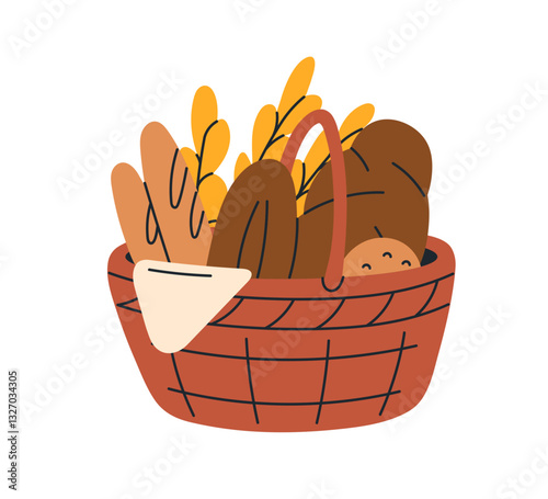 Fresh bread loaf in basket. Baked baguettes, buns, rolls in wicker. Healthy w...