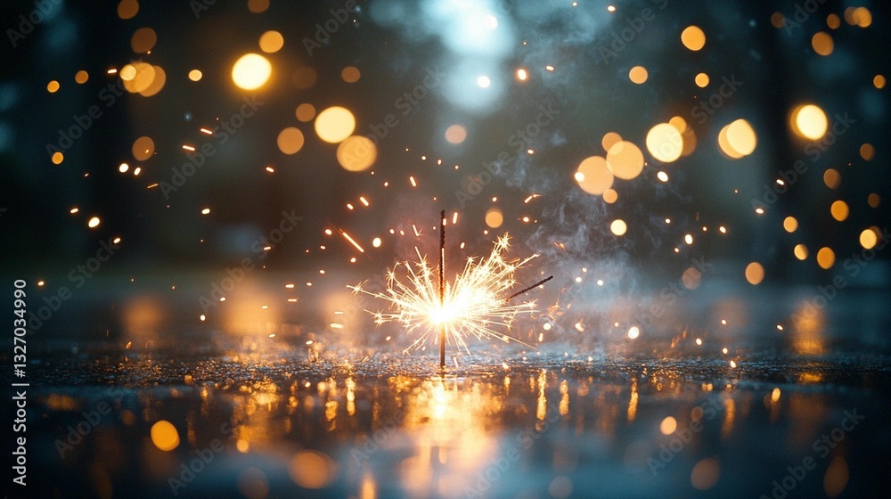 Obraz premium Glowing sparkler on wet ground at night with bokeh lights.
