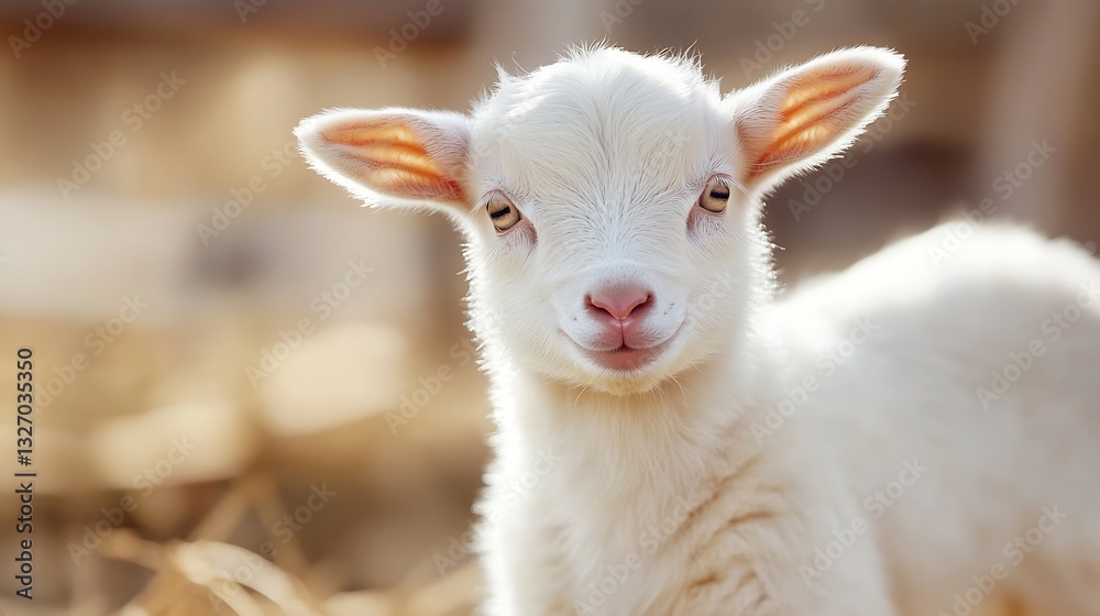 Adorable white baby goat with sparkling eyes and playful expression in a natural setting : Generative AI Adorable white baby goat with sparkling eyes and playful expression in a natural setting : Generative AI