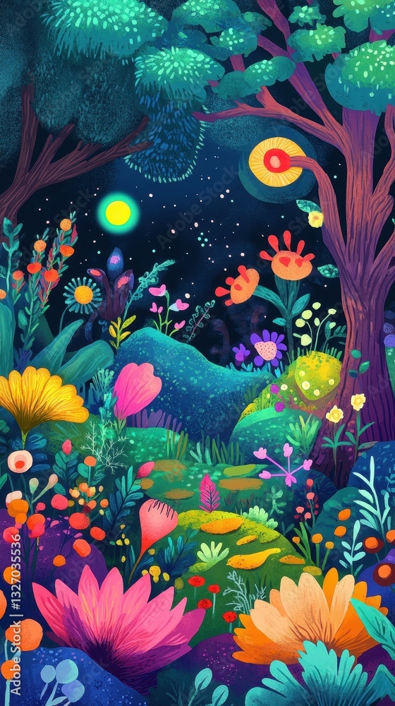 Fototapeta premium A colorful whimsical forest scene with bright blooming flowers