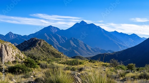 Majestic mountain range under a clear blue sky showcasing the beauty of nature : Generative AI