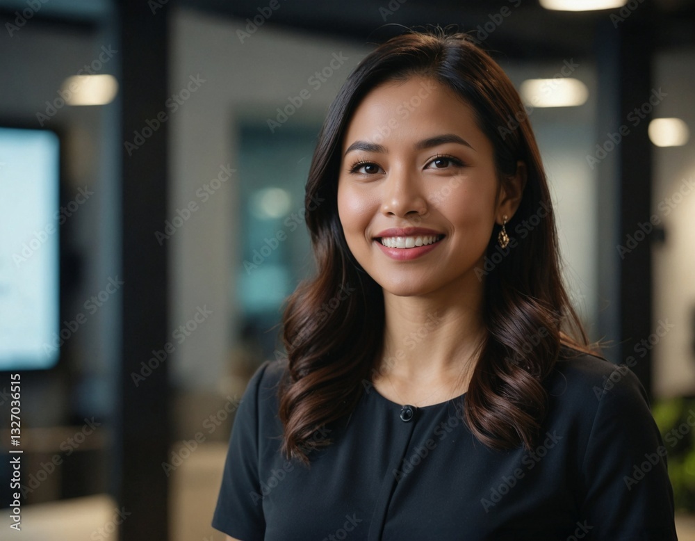 Smiling Asian Businesswoman in a Modern Office Environment, Ideal for Concepts of Professionalism, Confidence, and Successful Leadership Smiling Asian Businesswoman in a Modern Office Environment, Ideal for Concepts of Professionalism, Confidence, and Successful Leadership