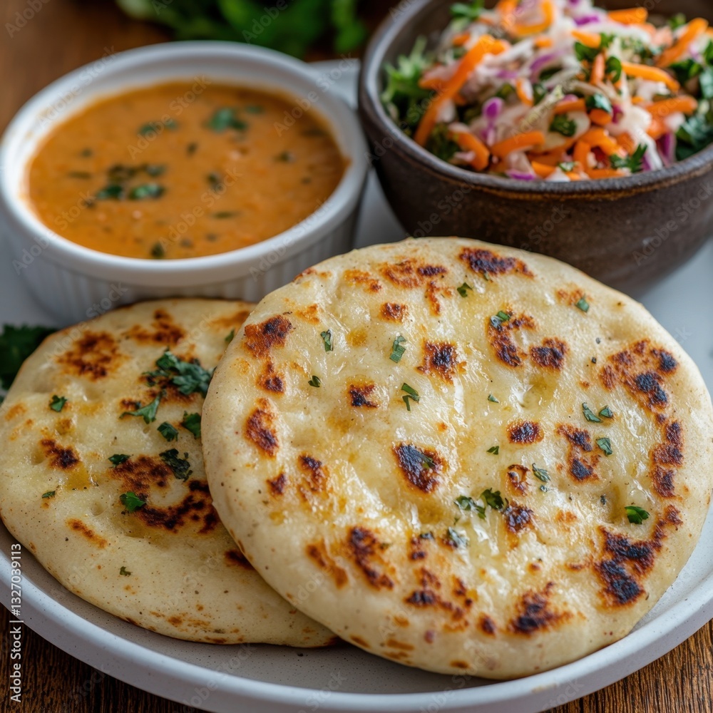 Delicious homemade naan bread served with flavorful curry and fresh salad for a delightful meal experience culinary delight Delicious homemade naan bread served with flavorful curry and fresh salad for a delightful meal experience culinary delight