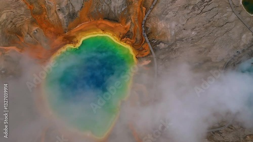 Aerial view of the grand prismatic spring with colorful thermal features and mist, Yellowstone National Park, Wyoming, United States.