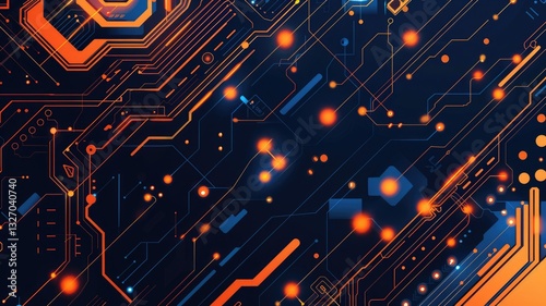 This abstract design features a captivating gradient of navy blue and orange, creating a modern digital background with intricate geometric patterns and vibrant elements.