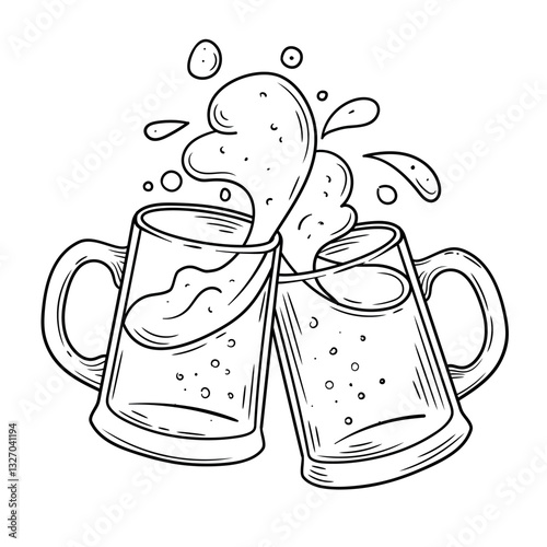 Hand-drawn black and white vector illustration of two beer mugs clinking together in a celebratory toast, with frothy beer splashing out. The vintage engraving-style sketch is perfect for brewery bran