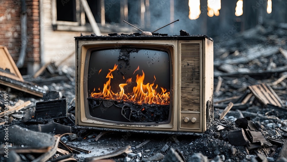 Obraz premium Burnt old television set displaying flames, surrounded by charred debris from a fire-damaged building