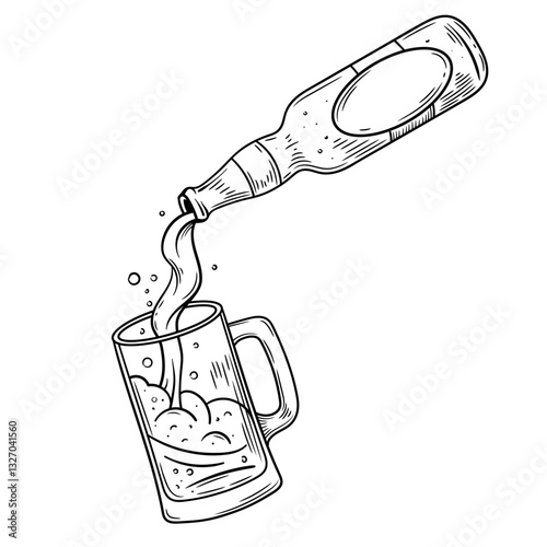 Hand-drawn black and white vector illustration of a beer bottle pouring frothy beer into a classic mug. The vintage engraving-style sketch captures movement and detail, making it ideal for brewery bra