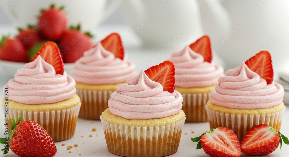 A beautifully arranged display of strawberry cheesecake cupcakes with a creamy pink swirl of frosting fresh strawberry slices on top A beautifully arranged display of strawberry cheesecake cupcakes with a creamy pink swirl of frosting fresh strawberry slices on top
