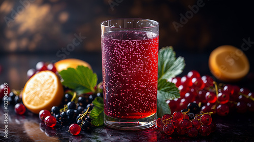 Refreshing beverage with berries and citrus fruits on a dark background