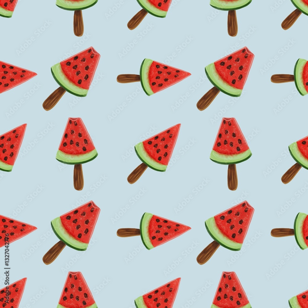 A repeating pattern of watermelon slices and popsicles, featuring vibrant red flesh, black seeds, and green rind, set against a Pastel Blue background. A repeating pattern of watermelon slices and popsicles, featuring vibrant red flesh, black seeds, and green rind, set against a Pastel Blue background.