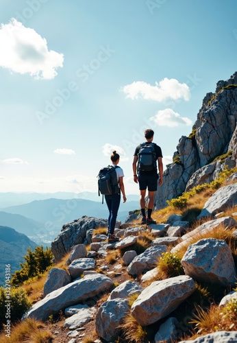 Wallpaper Mural Hikers on Mountain Trail with Valley View Torontodigital.ca
