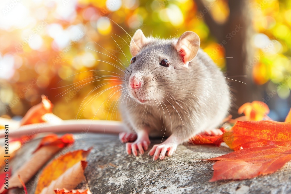 A gray rat is sitting on a rock covered in autumn leaves A gray rat is sitting on a rock covered in autumn leaves