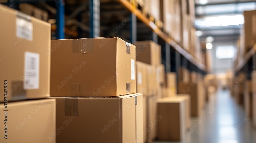 Cardboard boxes stacked in a warehouse aisle showcasing organized inventory storage : Generative AI Cardboard boxes stacked in a warehouse aisle showcasing organized inventory storage : Generative AI