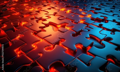 Glowing 3D puzzle pieces connect, problem-solving concept background