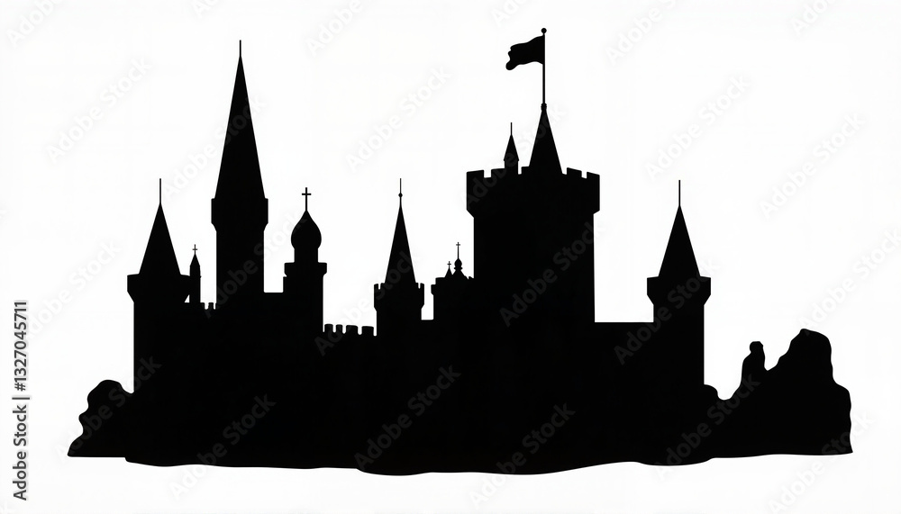 Silhouette castle with towers and flag against white background Silhouette castle with towers and flag against white background