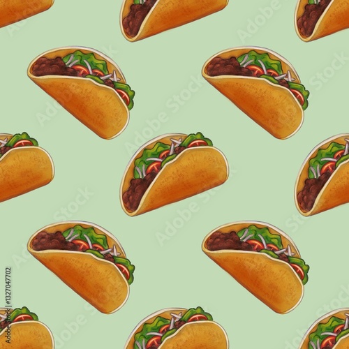 A repeating pattern of illustrated tacos on a Pastel Green background. Each taco features a golden-brown shell filled with colorful ingredients like lettuce, tomatoes, and meat.