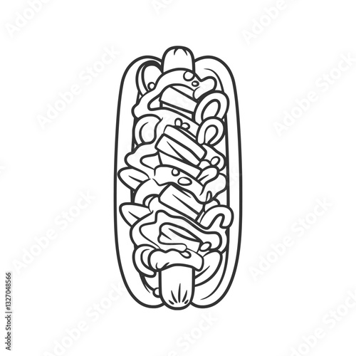 Line Art Hotdog with Sausage and Toppings Illustration