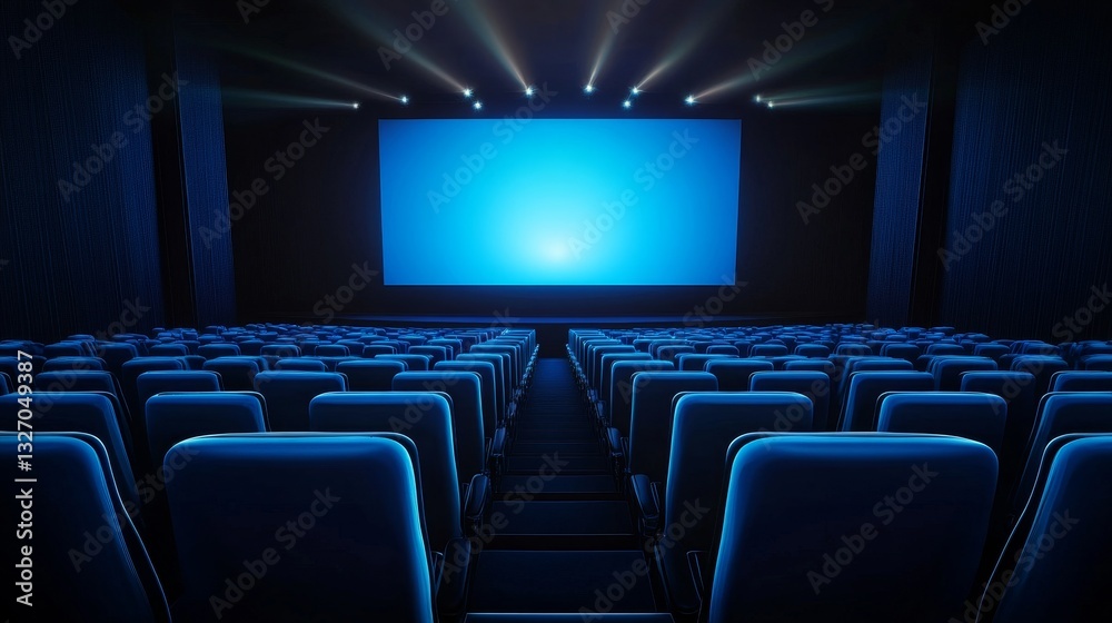 Fototapeta premium Empty cinema hall with blue lighting and large screen, ideal for movie screenings or events
