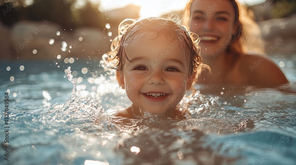 Obraz premium Toddler joyfully splashing in pool with mother