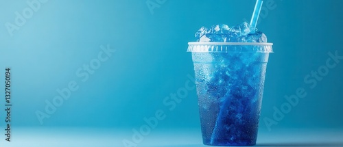 Refreshing blue raspberry slush in clear plastic cup with ice and straw on light blue background capturing cool summer vibe