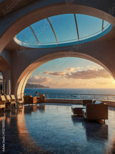 Cruise ship lounge concept with ocean view through an arch window.