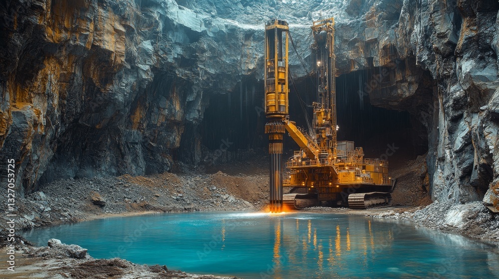 Advanced drilling equipment in a deep quarry with water pool Advanced drilling equipment in a deep quarry with water pool