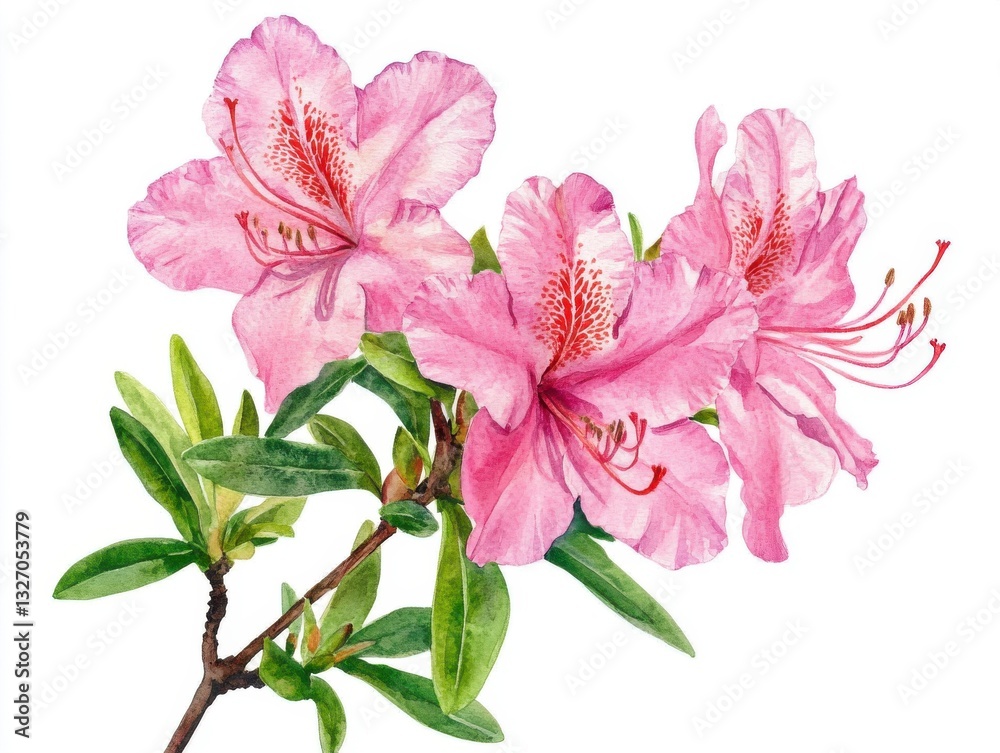 Fototapeta premium Delicate Pink Azalea Blossoms with Green Leaves on White Background