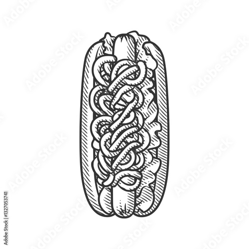 Engraving Style Line Art Hotdog with Sausage and Toppings
