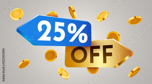 25 percent off sale label with falling golden coins. Cashback or sale concept. Vector illustration
