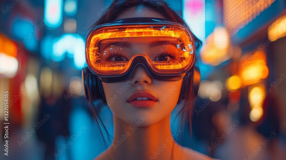 Futuristic woman in neon VR goggles in a vibrant cityscape Futuristic woman in neon VR goggles in a vibrant cityscape