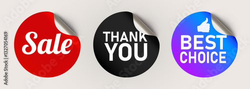Tag Icon Set. Sale, Special Offer, Thank you, Best choice. Shopping labels. Curled stickers on White Background. Vector illustration