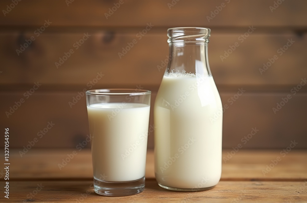 A glass filled with creamy milk stands next to a charming bottle on a rustic wooden surface, capturing the essence of wholesome dairy goodness in a cozy setting A glass filled with creamy milk stands next to a charming bottle on a rustic wooden surface, capturing the essence of wholesome dairy goodness in a cozy setting