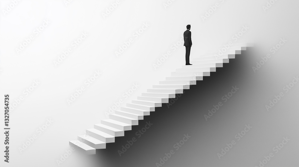 Floating staircase leads to uncertainty in a minimalist setting with a figure standing still Floating staircase leads to uncertainty in a minimalist setting with a figure standing still
