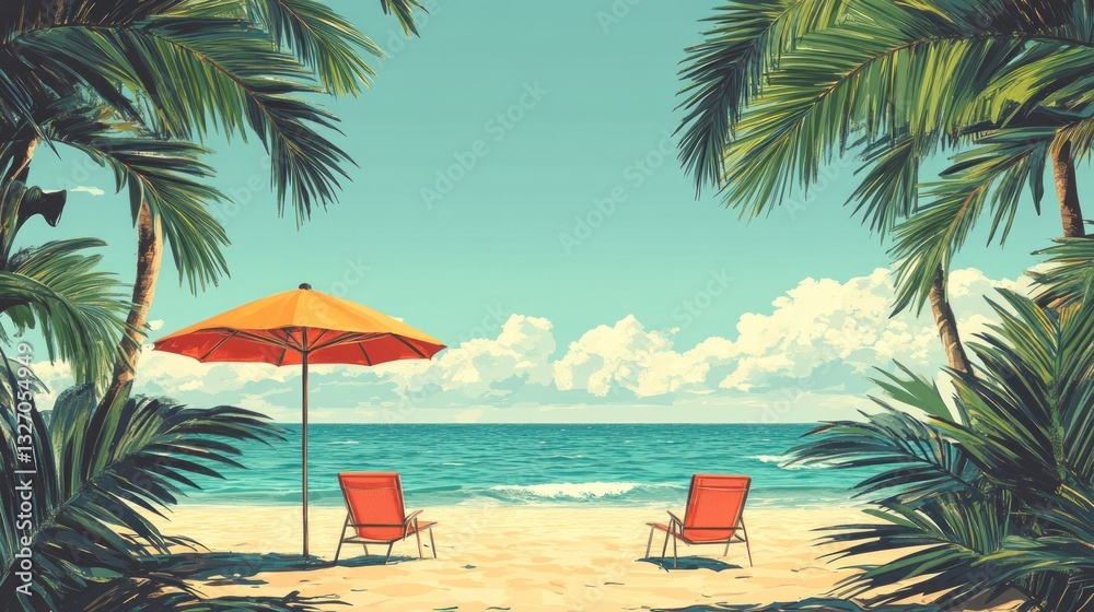 Naklejka premium Tropical Beach Scene with Sun Umbrellas