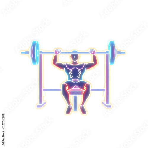 Person in gym doing bench press holographic 3D icon. neon symbol vector illustration isolated on white background. Generative AI
