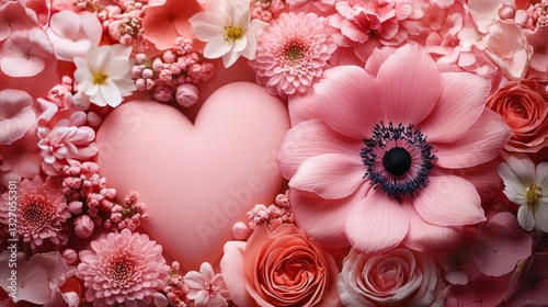 Pink heart nestled in blooming flower arrangement